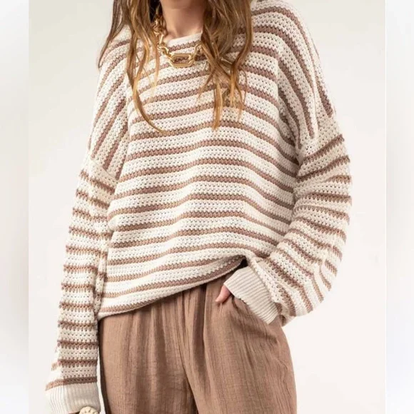 Blu Pepper 100% Cotton Cream and Brown Striped Sweater - Picture 1 of 4